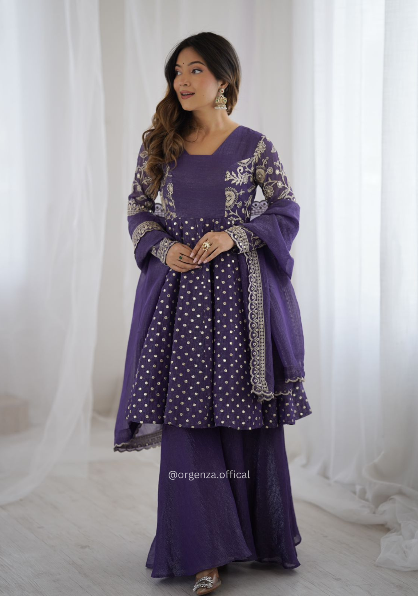 Purple Crunchy Silk Embroidered Sharara Palazzo Suit Set