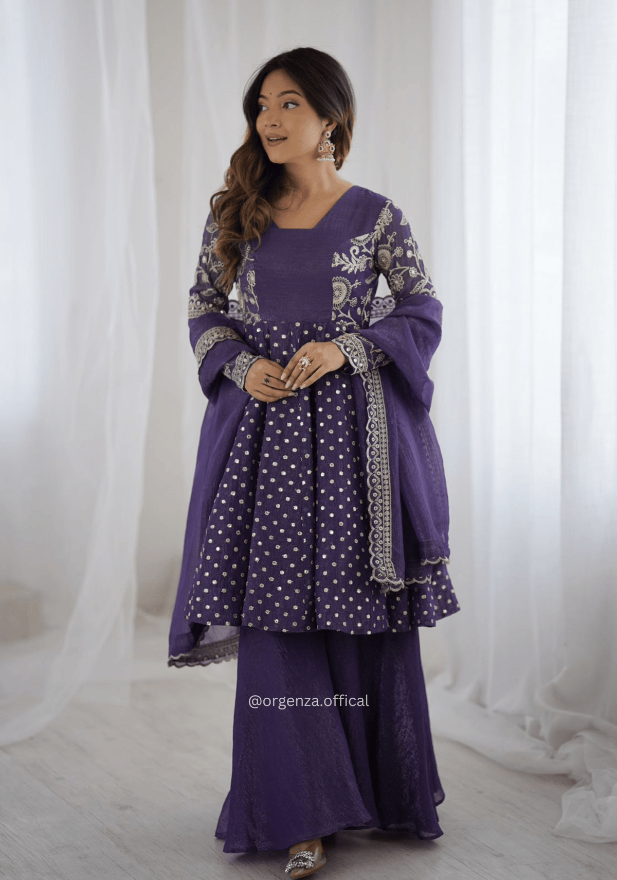 Purple Crunchy Silk Embroidered Sharara Palazzo Suit Set