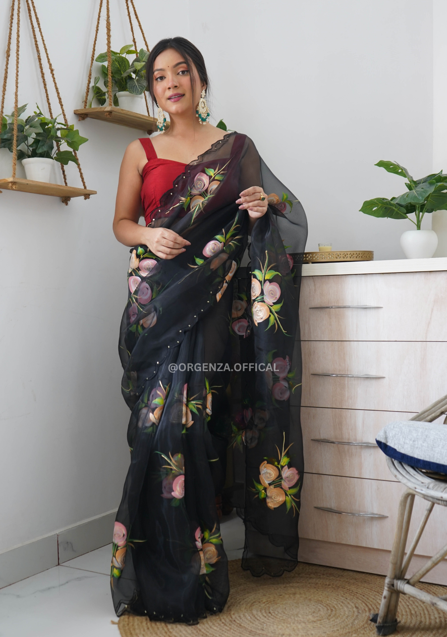 Black Hand Print Organza Saree With Blouse - Orgenza Store