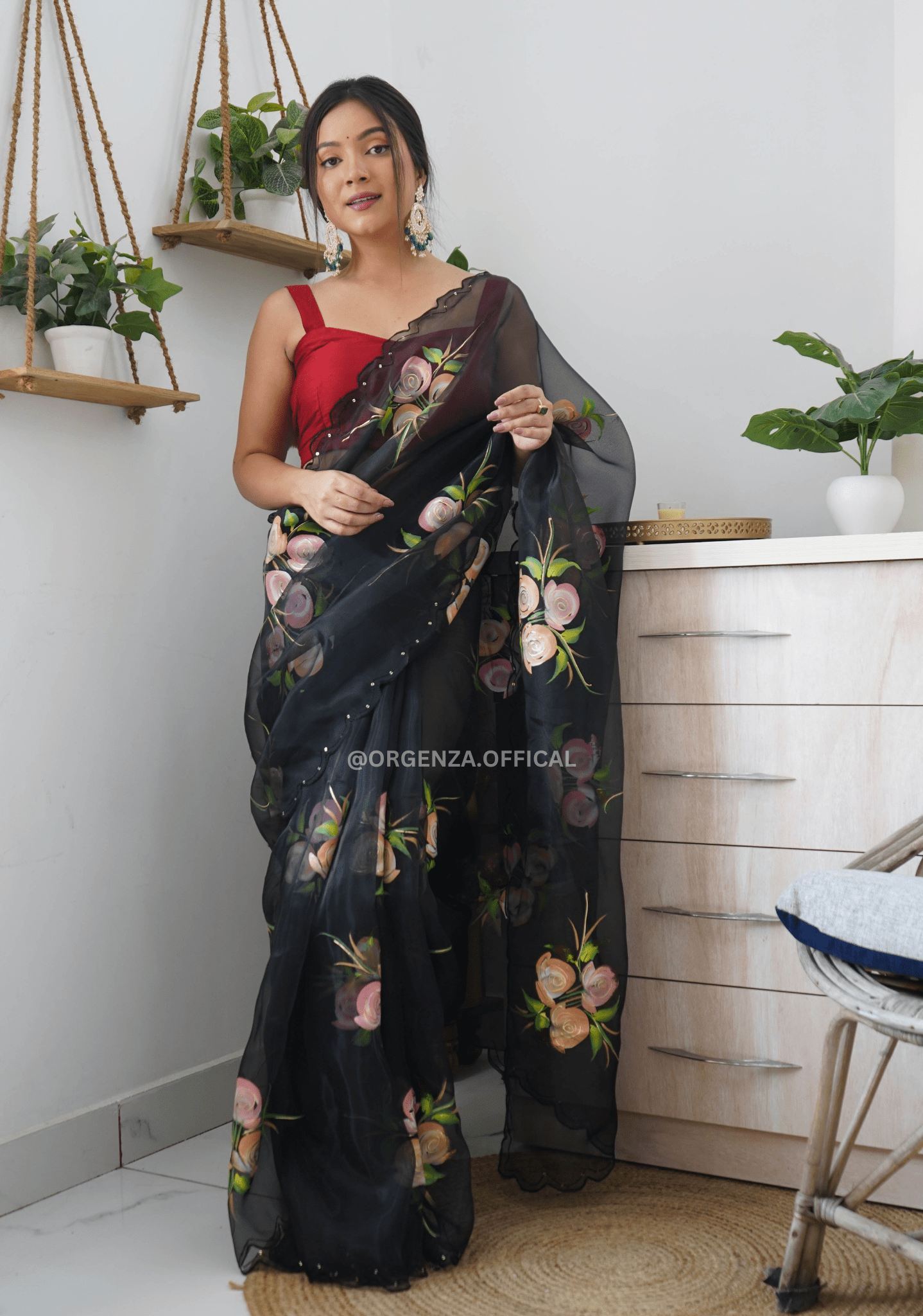 Black Hand Print Organza Saree With Blouse - Orgenza Store - digisoch