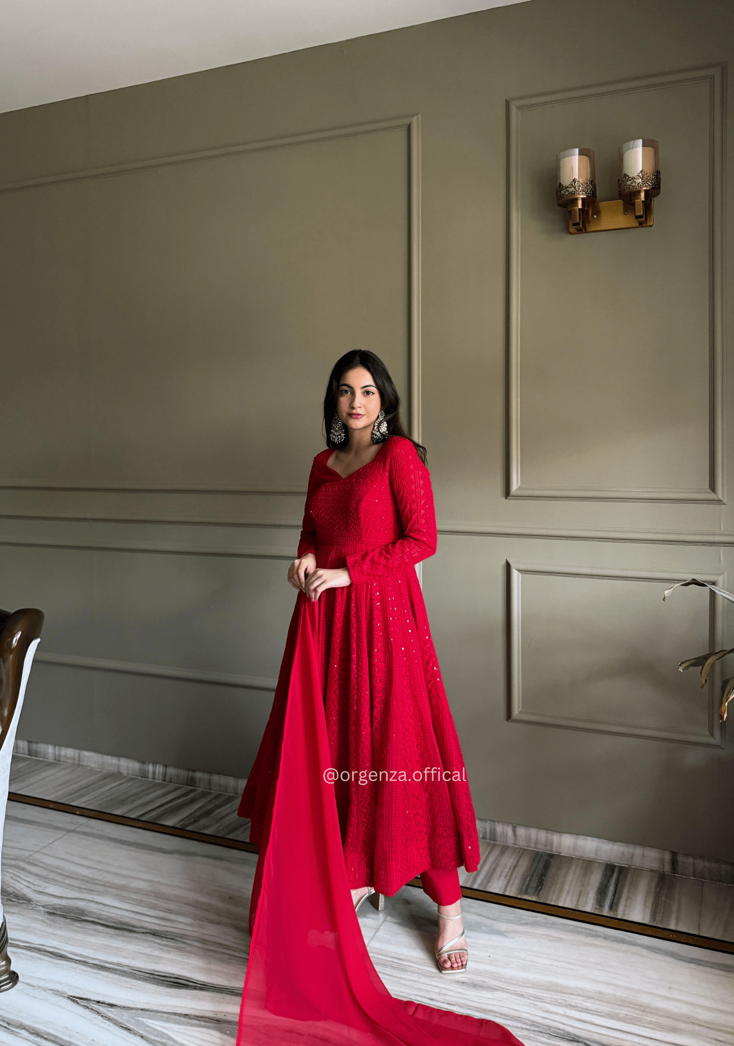 Lucknowi Georgette Anarkali Suit Set with Sequence Work & Ruffle Dupatta - Orgenza Store