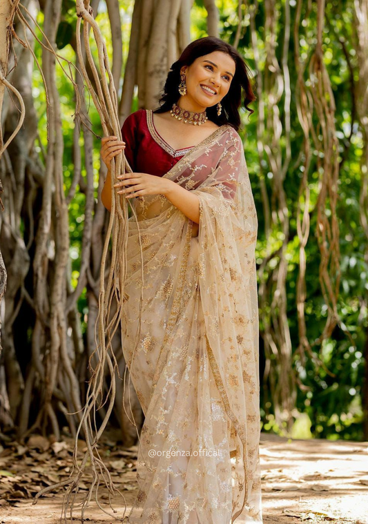 Cream Colour Mono Net Embroidery Work Saree