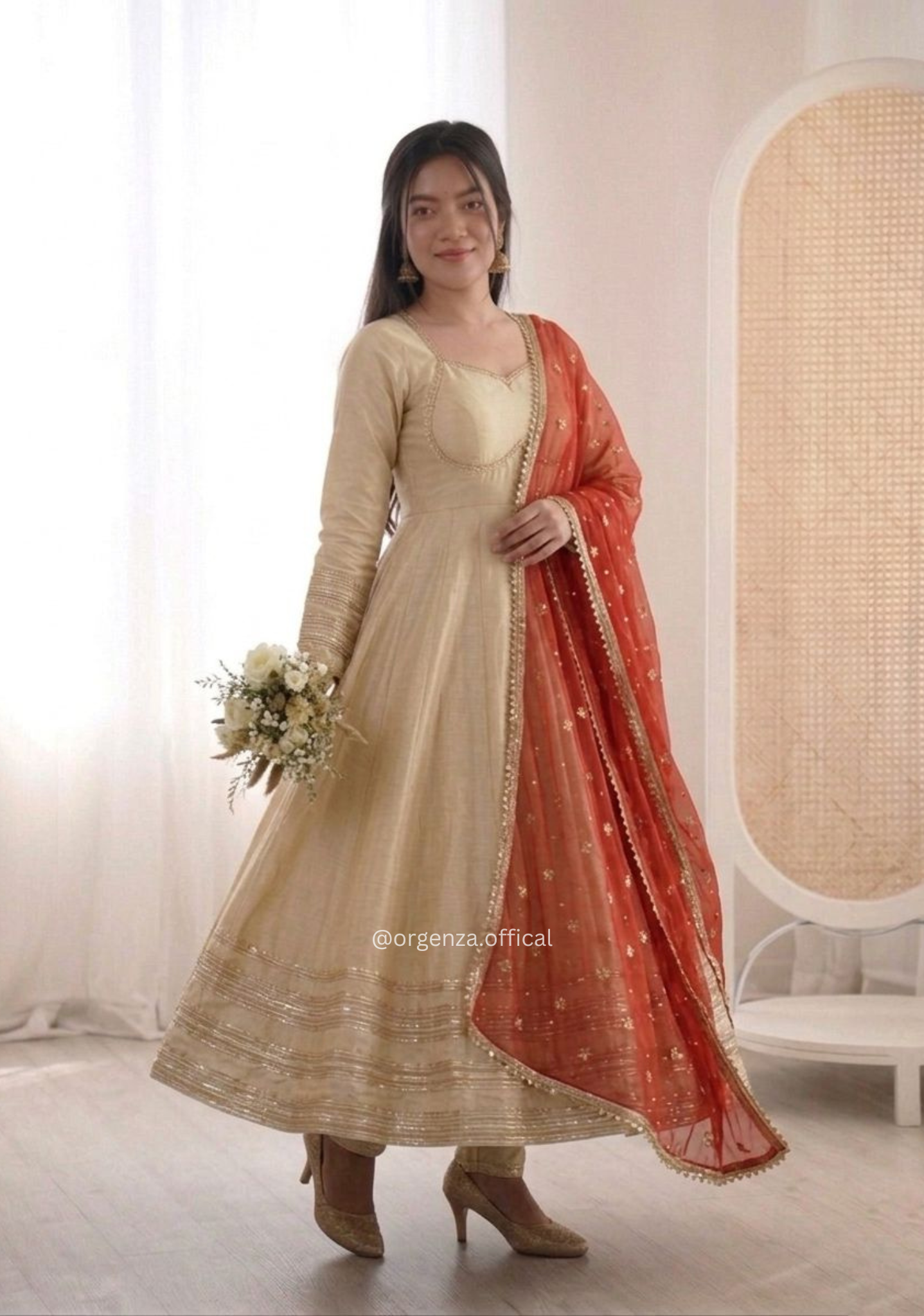 Ivory Elegant Cosmos Gold Heavy Lace Work Anarkali Suit Set