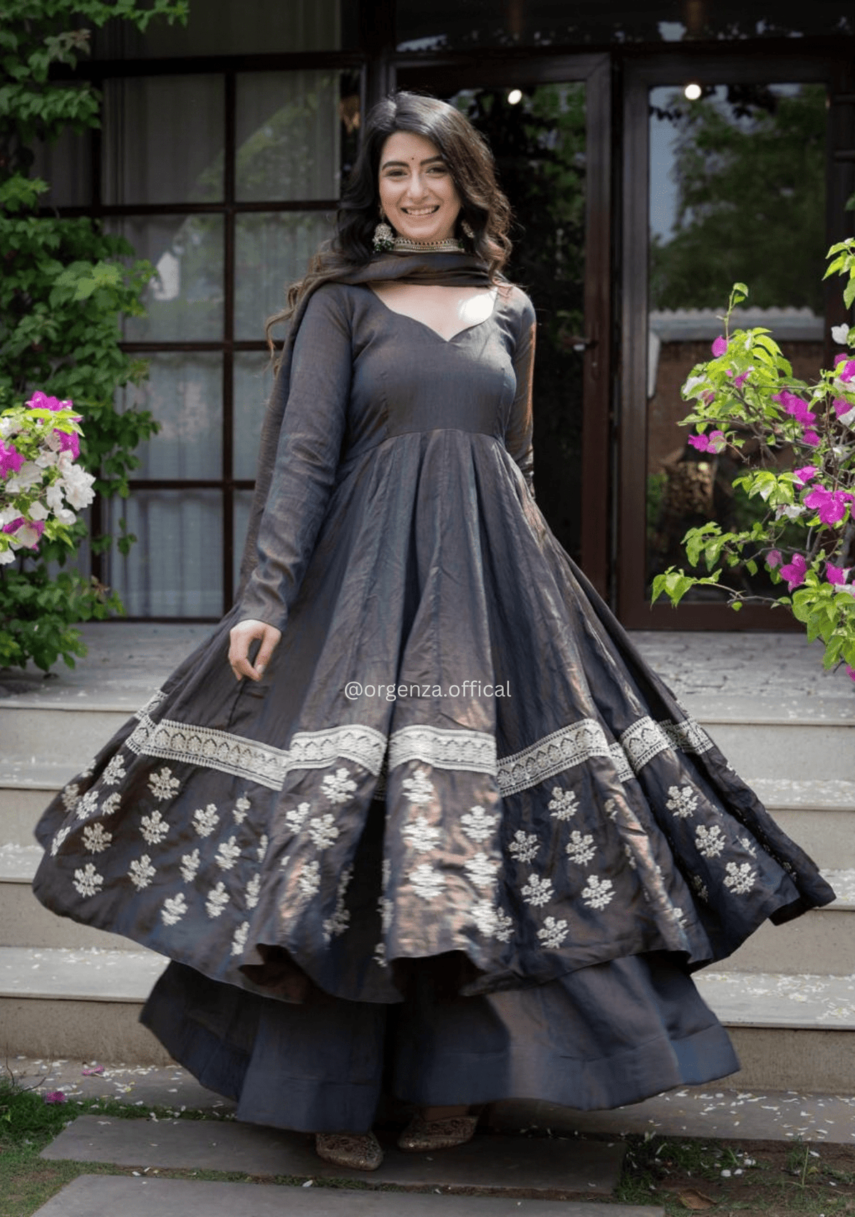 Charcoal Grey Vichitra Silk Anarkali Palazzo Set