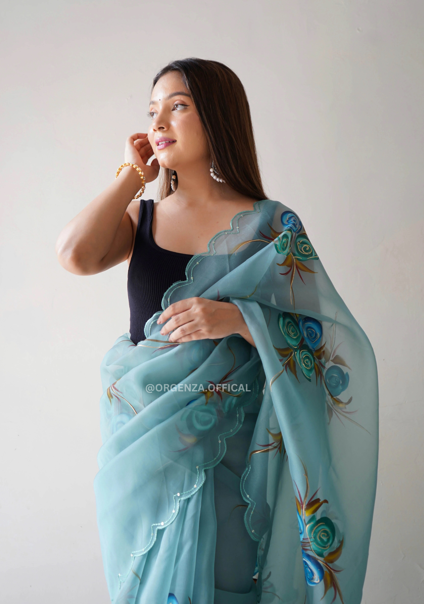 Rama Hand Print Organza Saree
