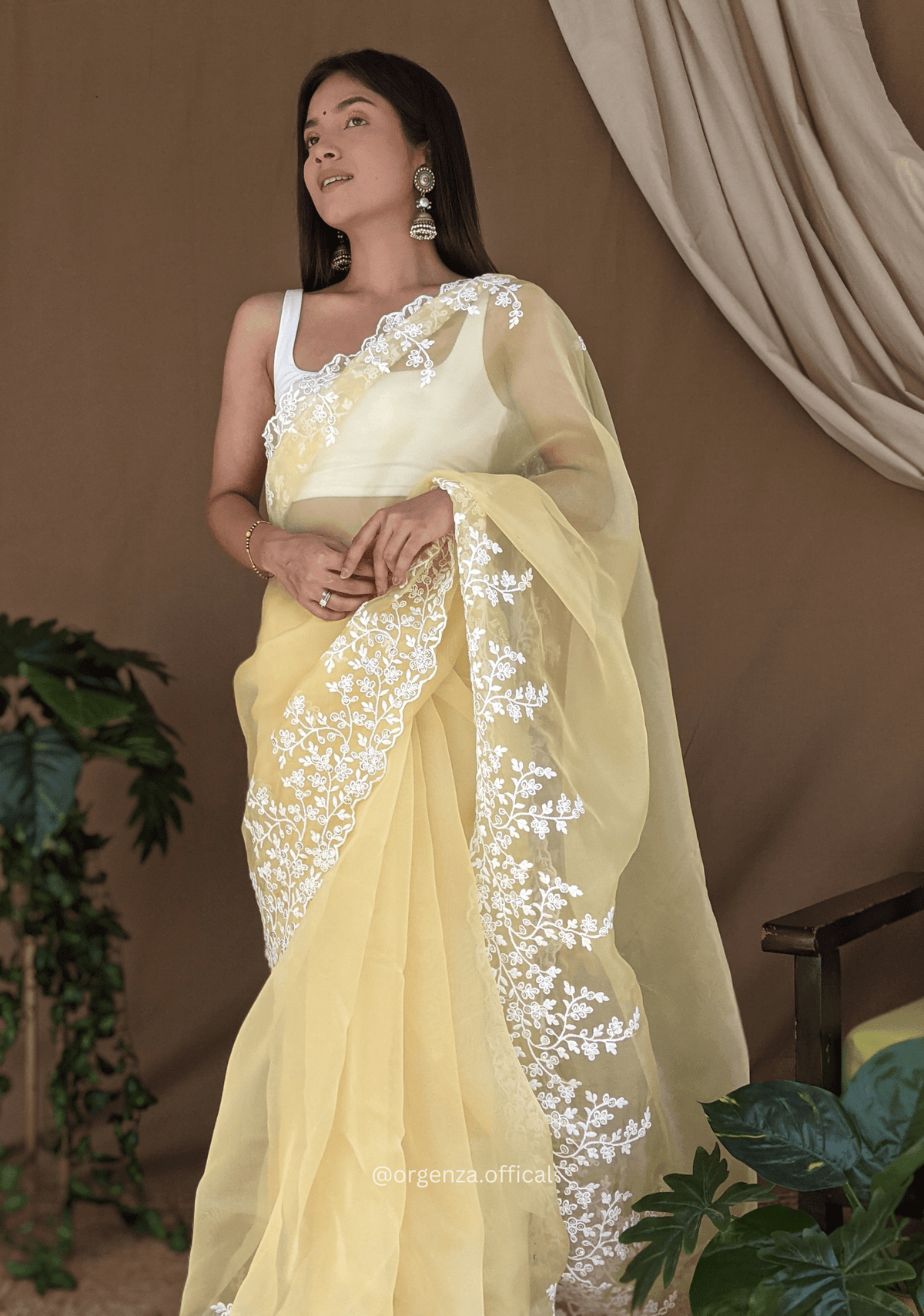 Organza Light Yellow Color Pure Organza Silk And Flower Embroidery Work - Orgenza Store - digisoch