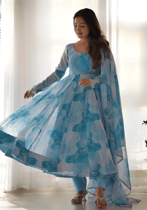 Sky Blue Colour Organza Silk Marble Print Anarkali Kurtis - Orgenza Store