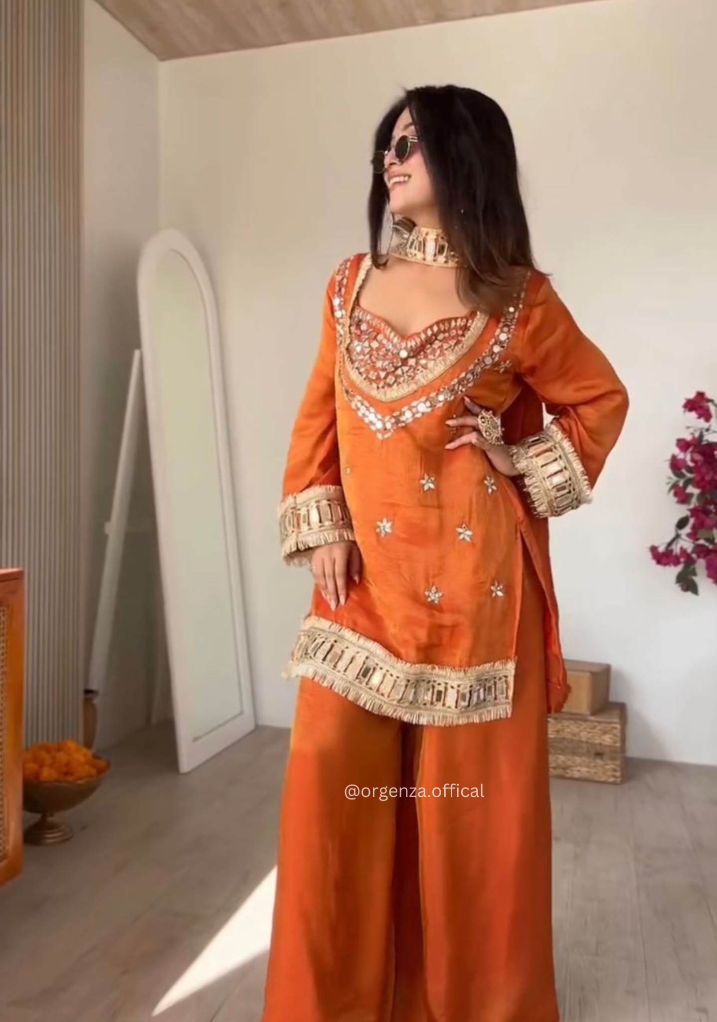 Fendy Silk Mirror Work Sharara Suit Set – Ready to Wear Women’s Ethnic Outfit (3 PCS)