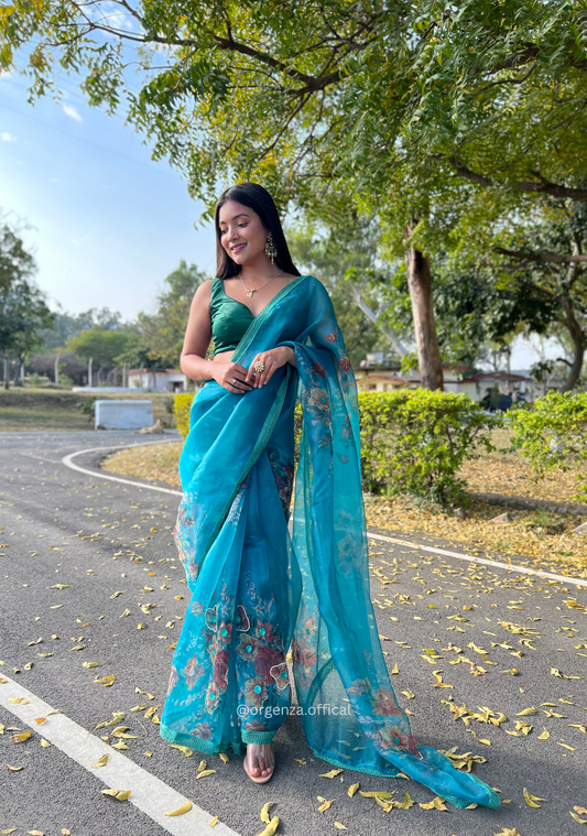 Sea Blue Colour Organza Saree With Handwork