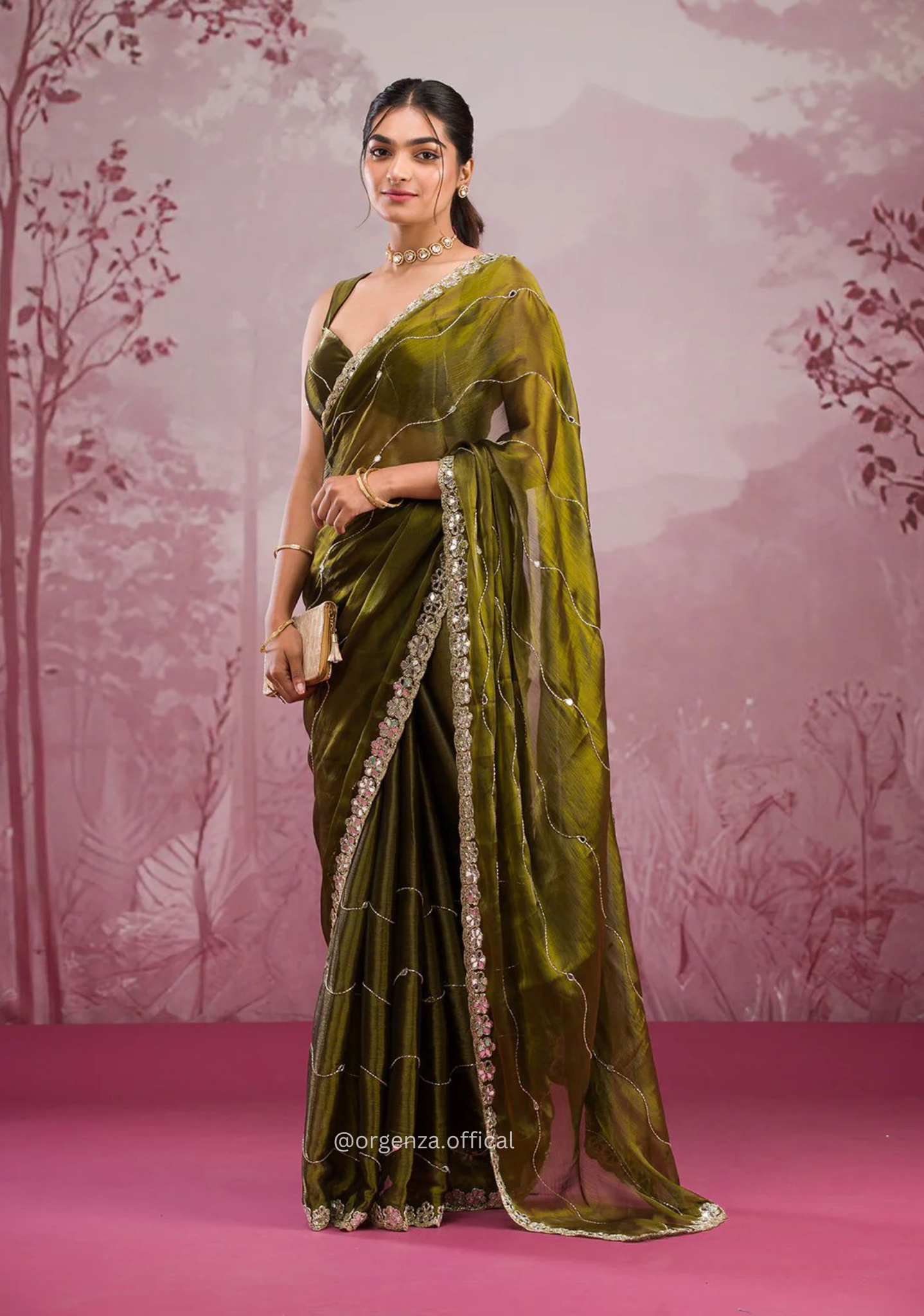 Mehndi Green Colour Jimmy Choo Saree With Mirror Work - Orgenza Store