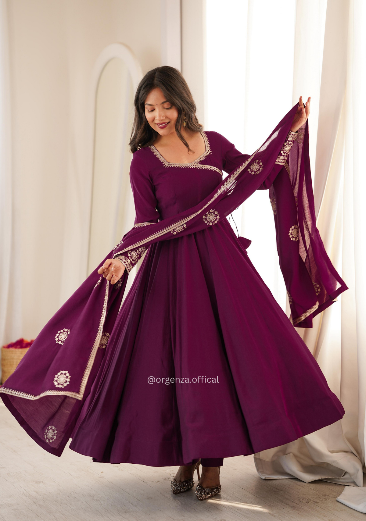 Wine Roman Chanderi Silk Angrakha Style Anarkali Set