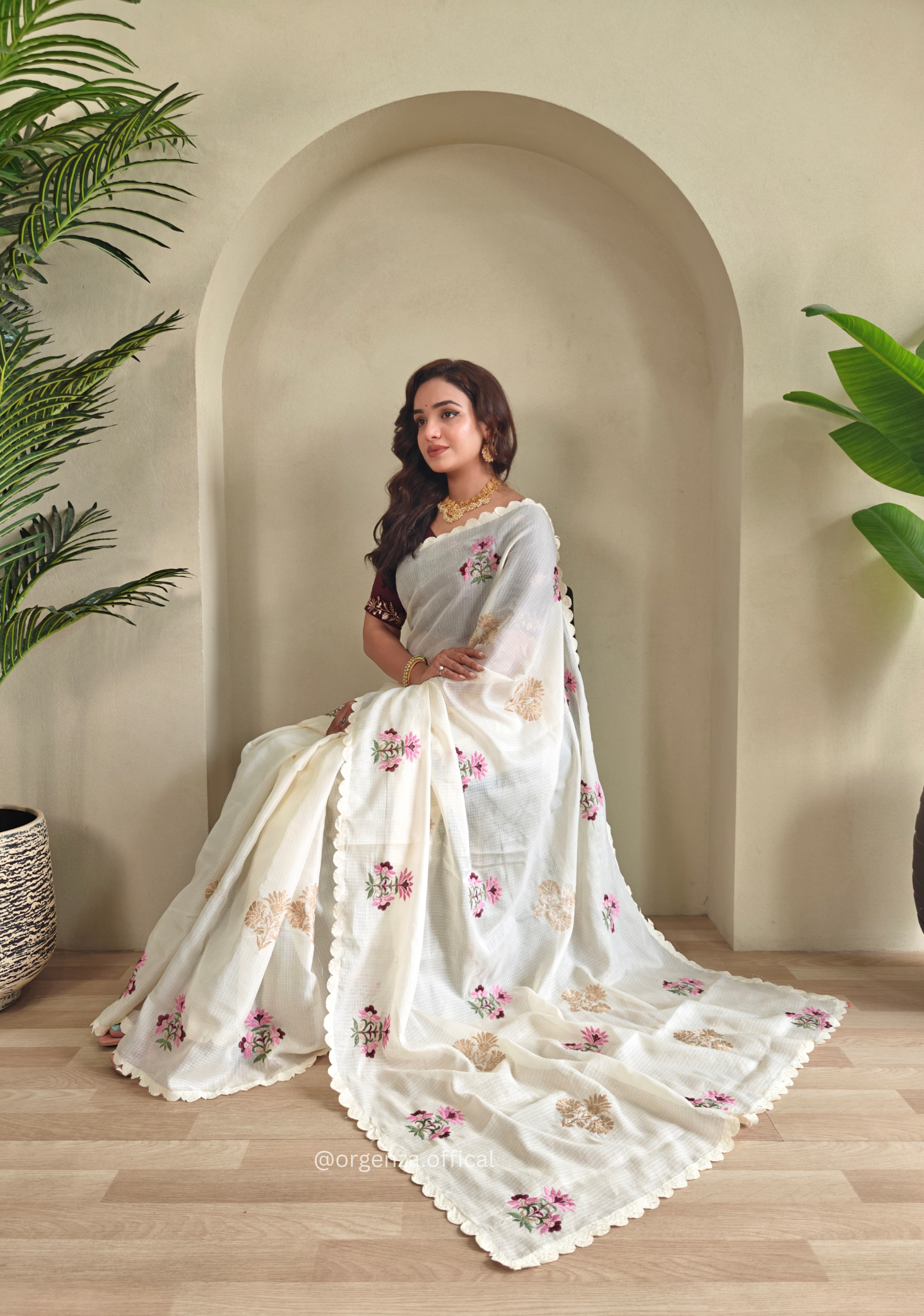 Cream Colour Kota Doriya Chex Pattern Saree - Orgenza Store