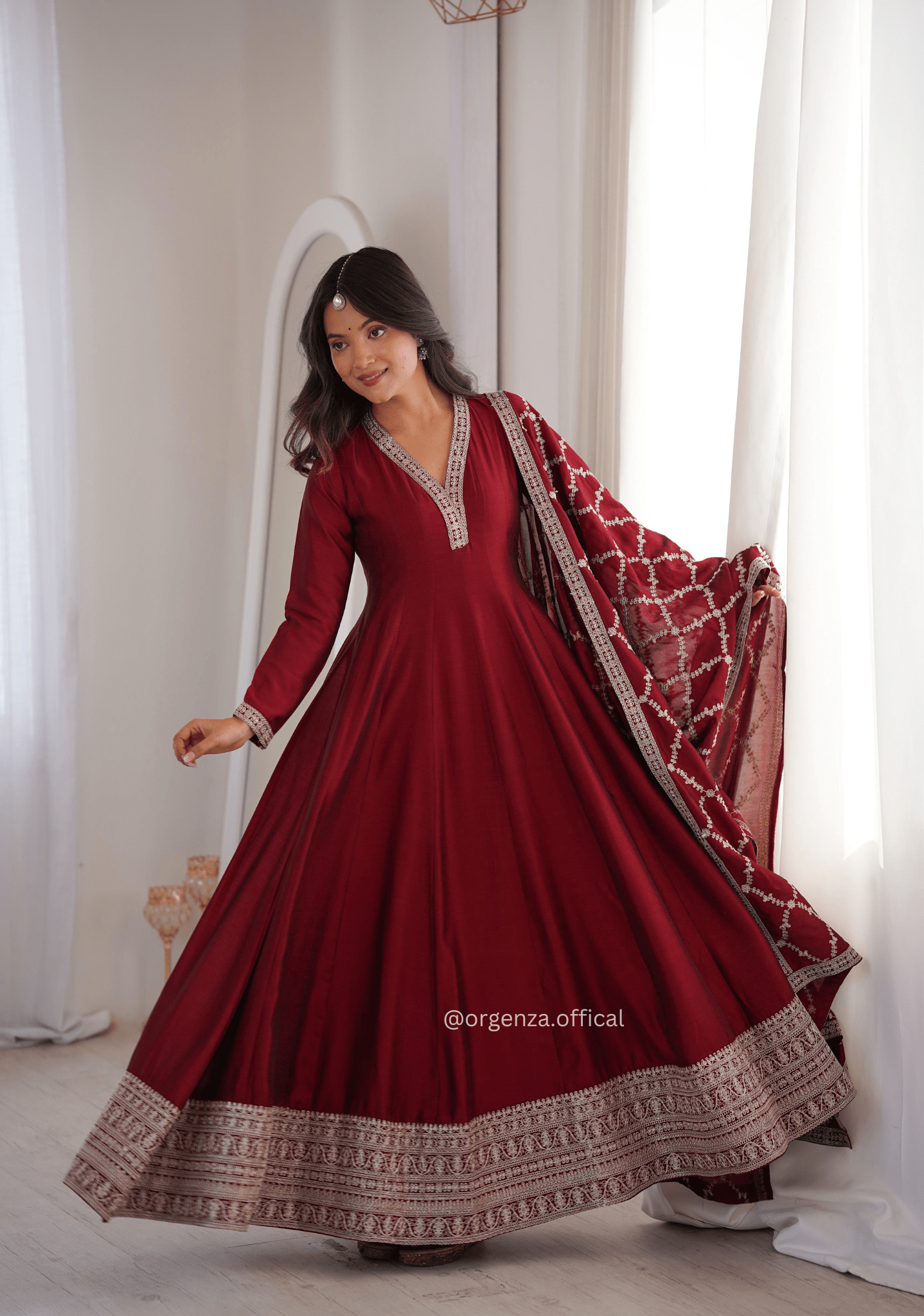 Pure Blooming Vichitra Silk Fully Flared Anarkali Gown with Embroidered Dupatta - Orgenza Store - digisoch