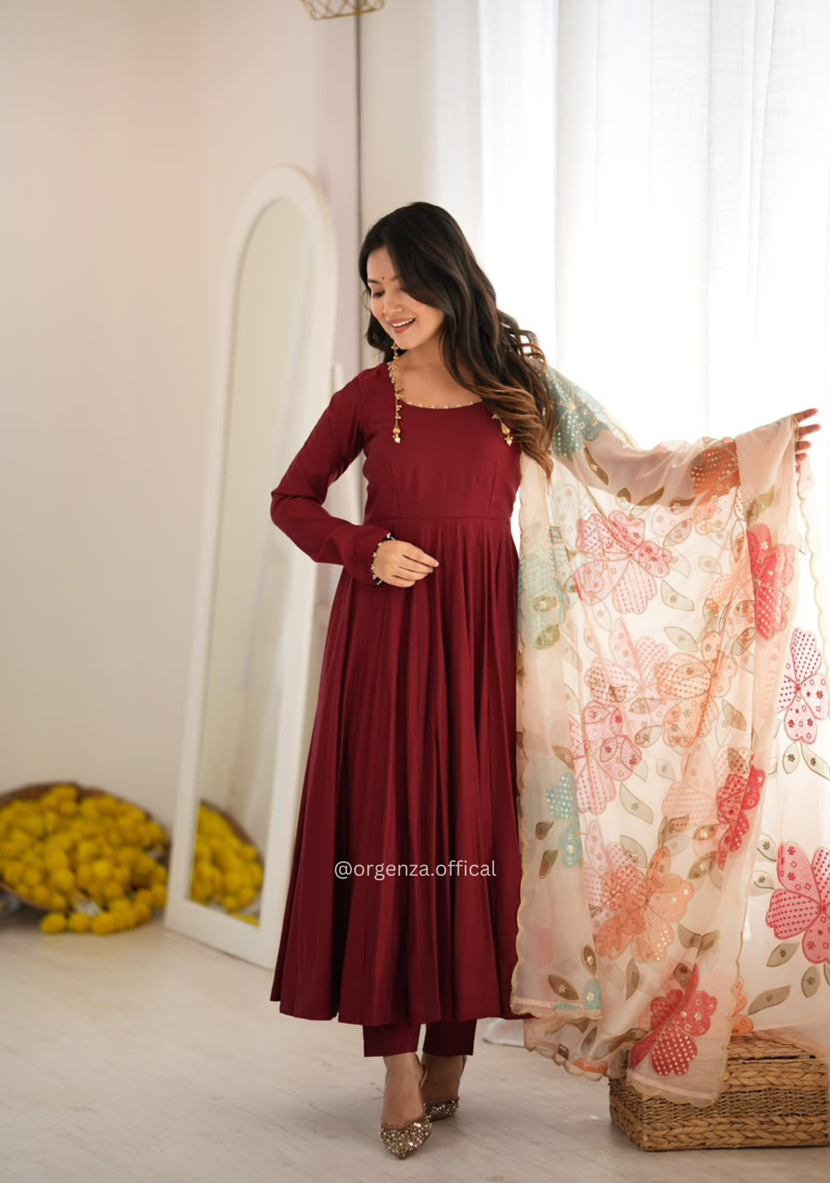 Maroon Roman Silk Anarkali Suit Set