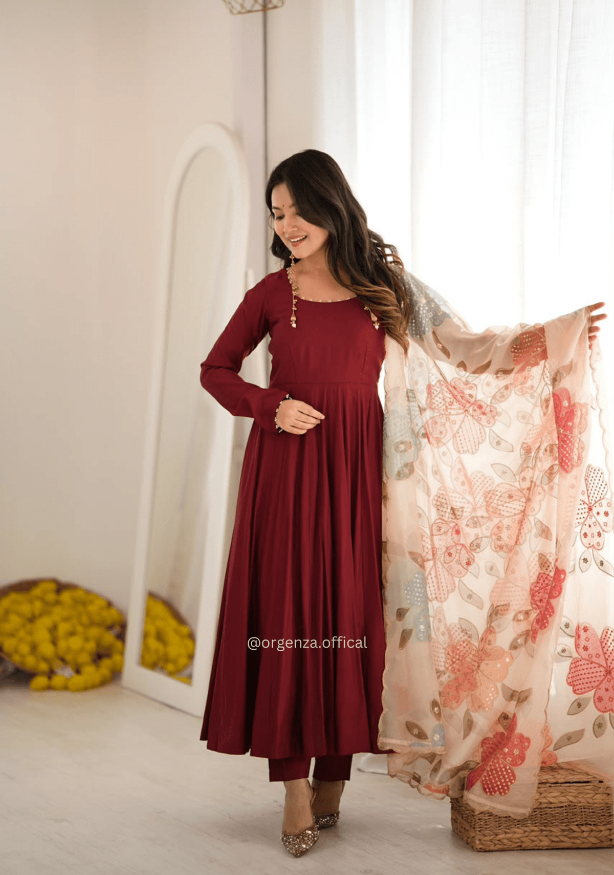 Maroon Roman Silk Anarkali Suit Set