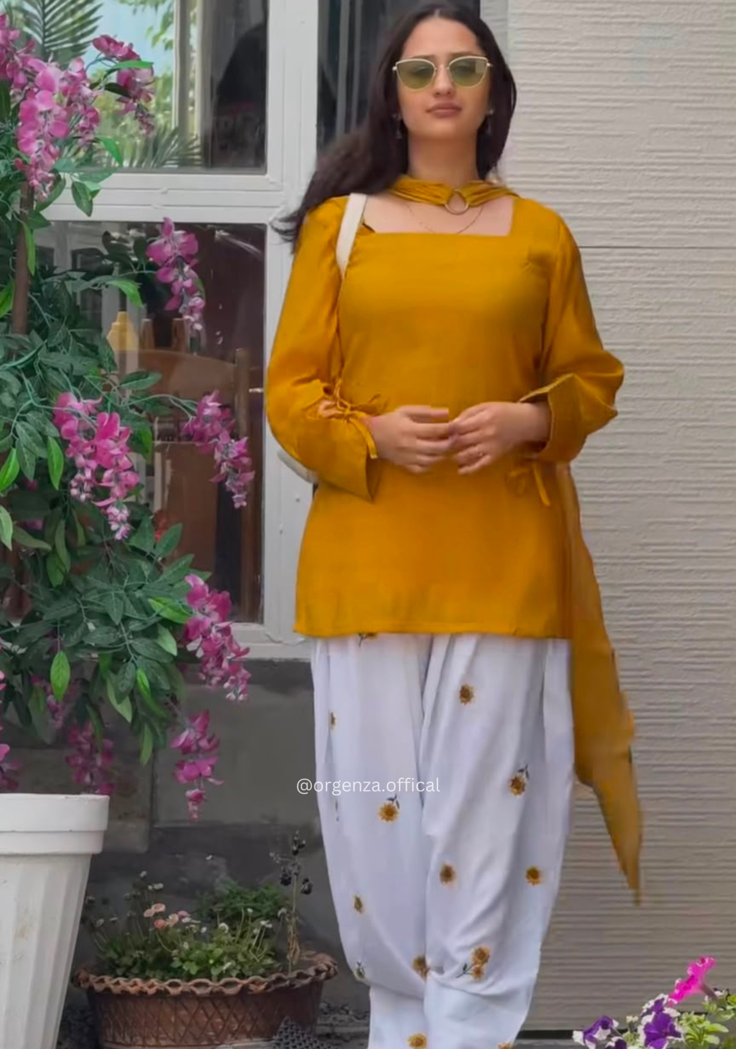 Yellow Roman Cotton Top with Embroidered Farshi Salwar