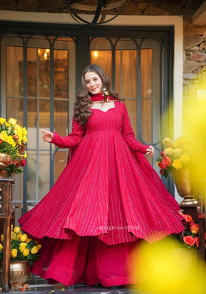 Premium Lal - Pink Anarkali Sharara Suit Set with Dupatta (3 PCS) – Ready to Wear - Orgenza Store - digisoch