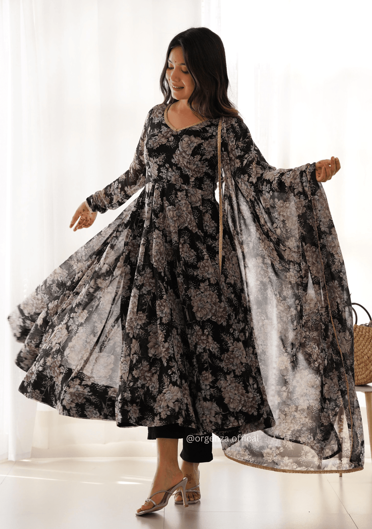 Black Floral Georgette With Dupatta Set - Orgenza Store - digisoch