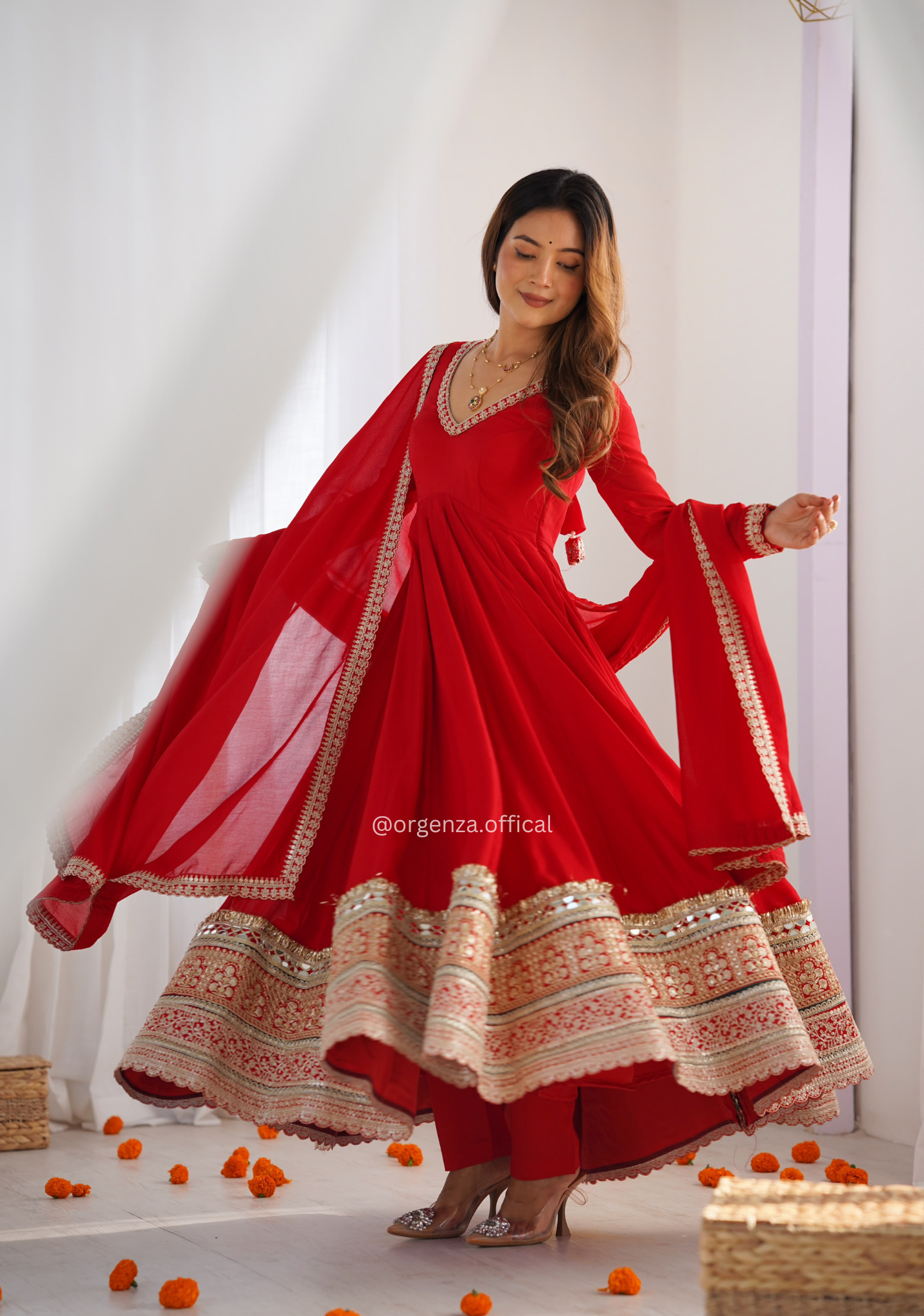 Red Premium Blooming Vichitra Silk Anarkali Gown Set