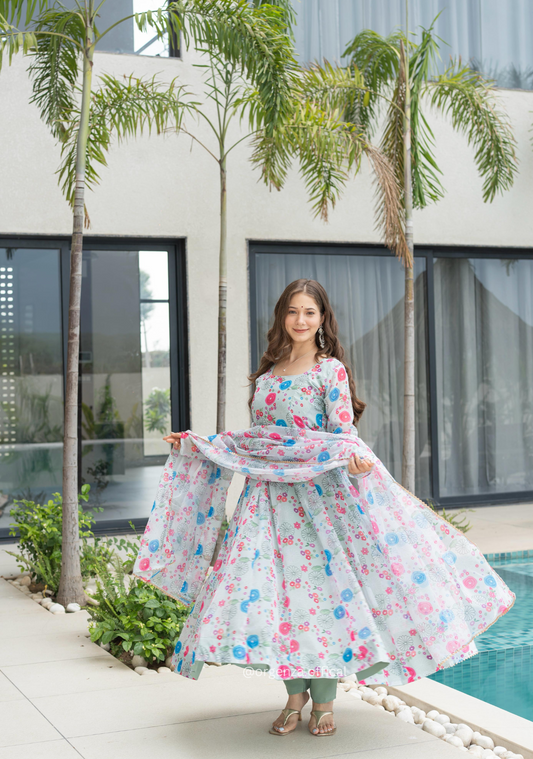 Multi Colour Pure Organza Silk Floral Anarkali Kurtis