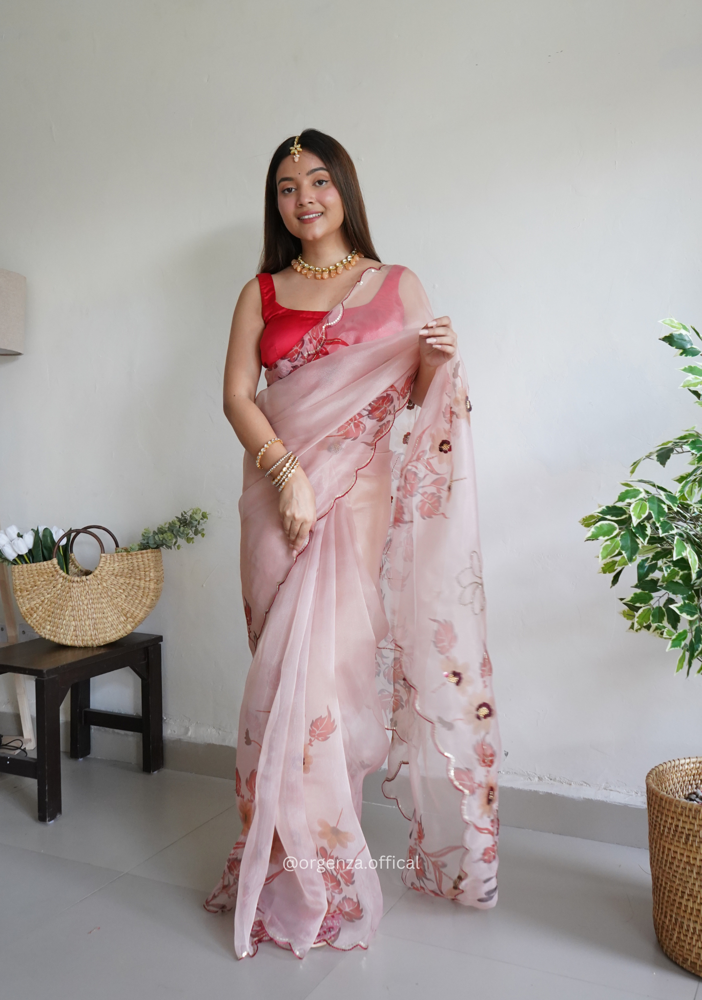 Onion Colour Organza Saree With Handwork