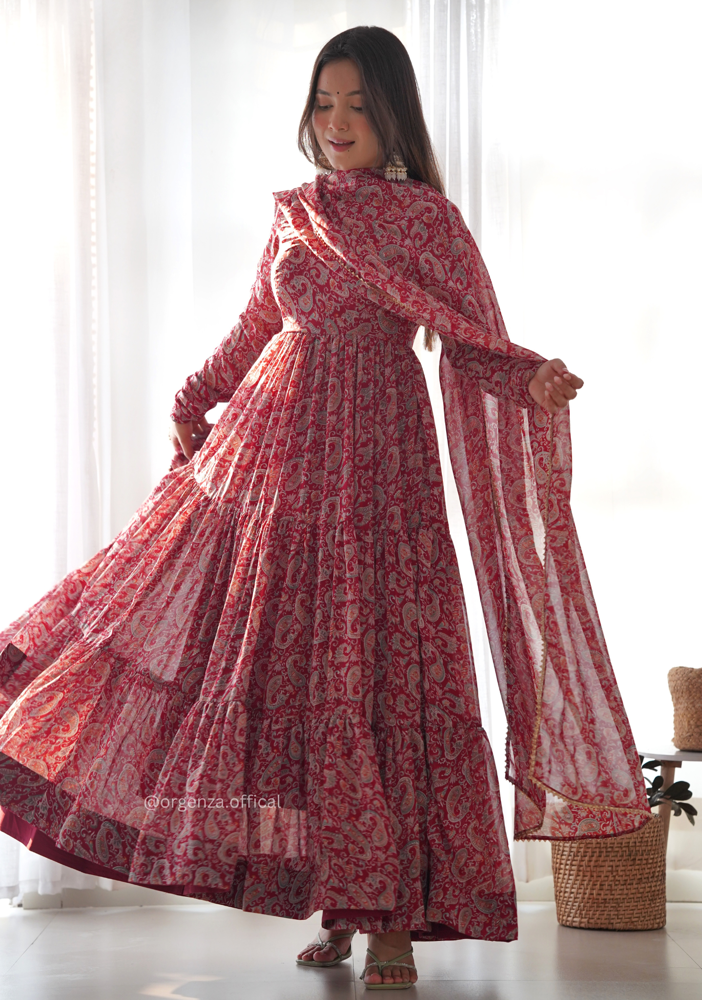 Pure Soft Fox Georgette Kalamkari Print Ruffle Anarkali - Orgenza Store