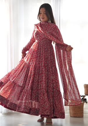 Pure Soft Fox Georgette Kalamkari Print Ruffle Anarkali - Orgenza Store