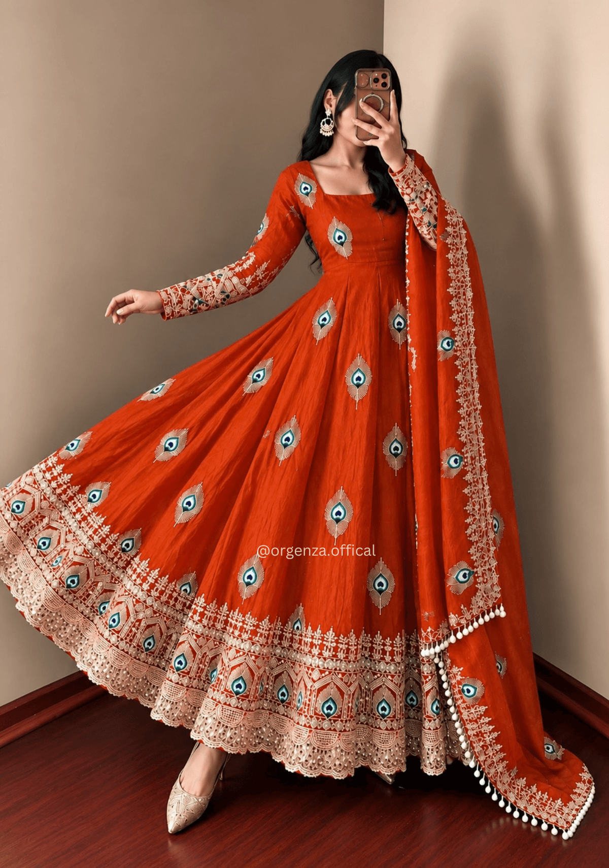 Rust Fendy Silk Sequin Embroidered Gown Set