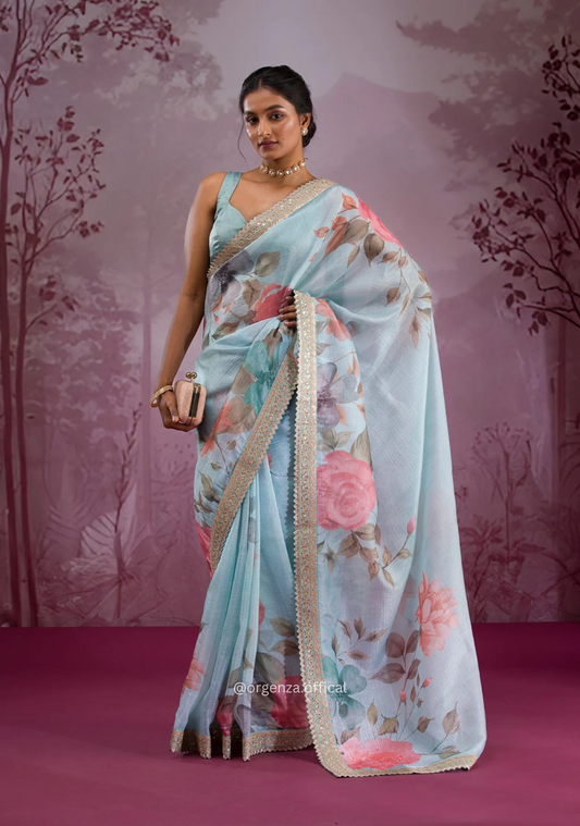 Sky Colour Chinnon Silk Saree