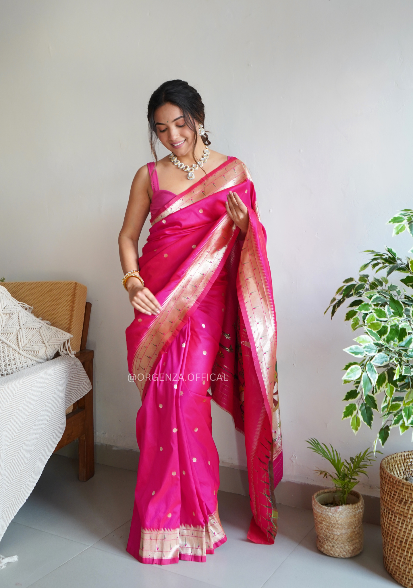 Pure Pink Paithani Silk Saree With Zari Weaving - Orgenza Store