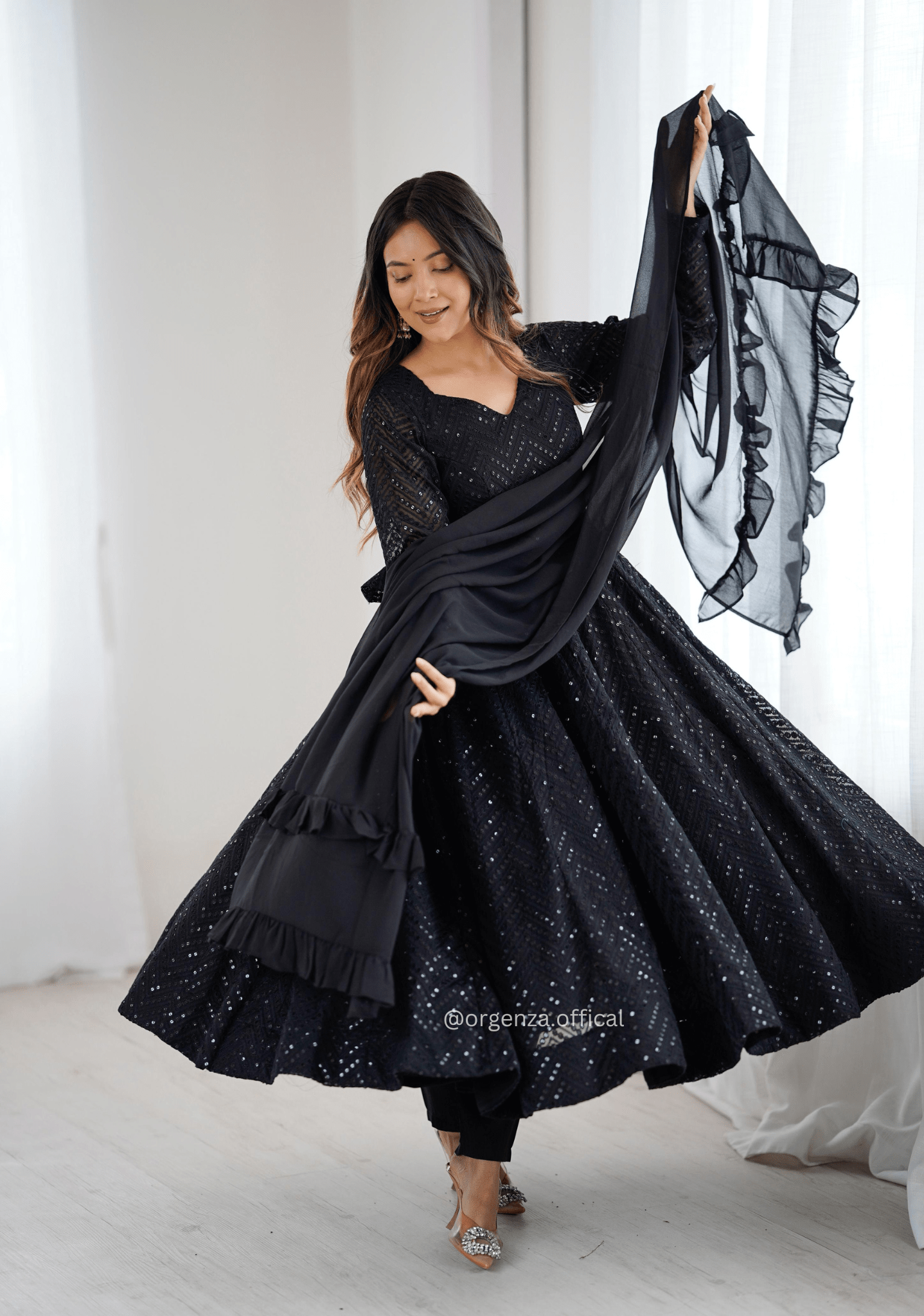 Black Fox Georgette Lucknowi Sequence Work Anarkali Suit Set - Orgenza Store - digisoch
