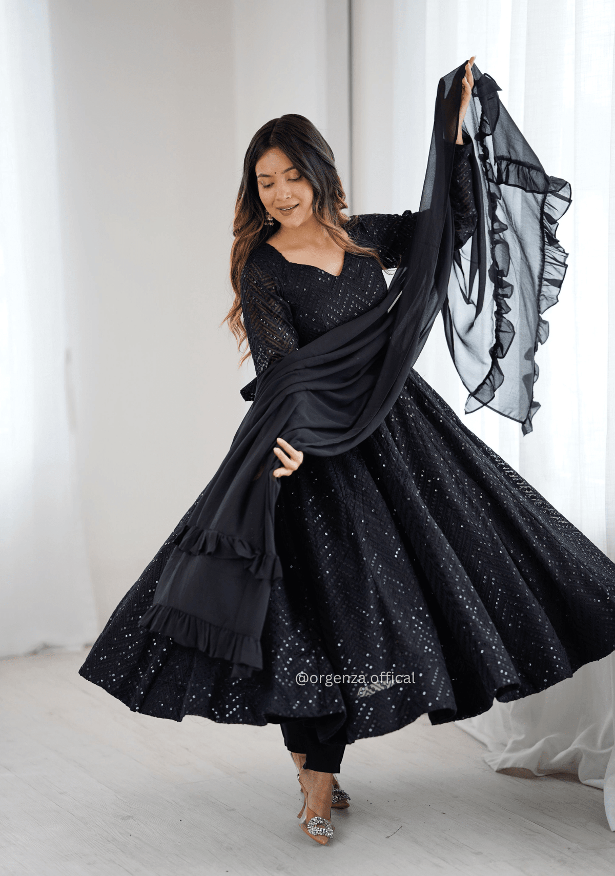 Black Fox Georgette Lucknowi Sequence Work Anarkali Suit Set - Orgenza Store - digisoch