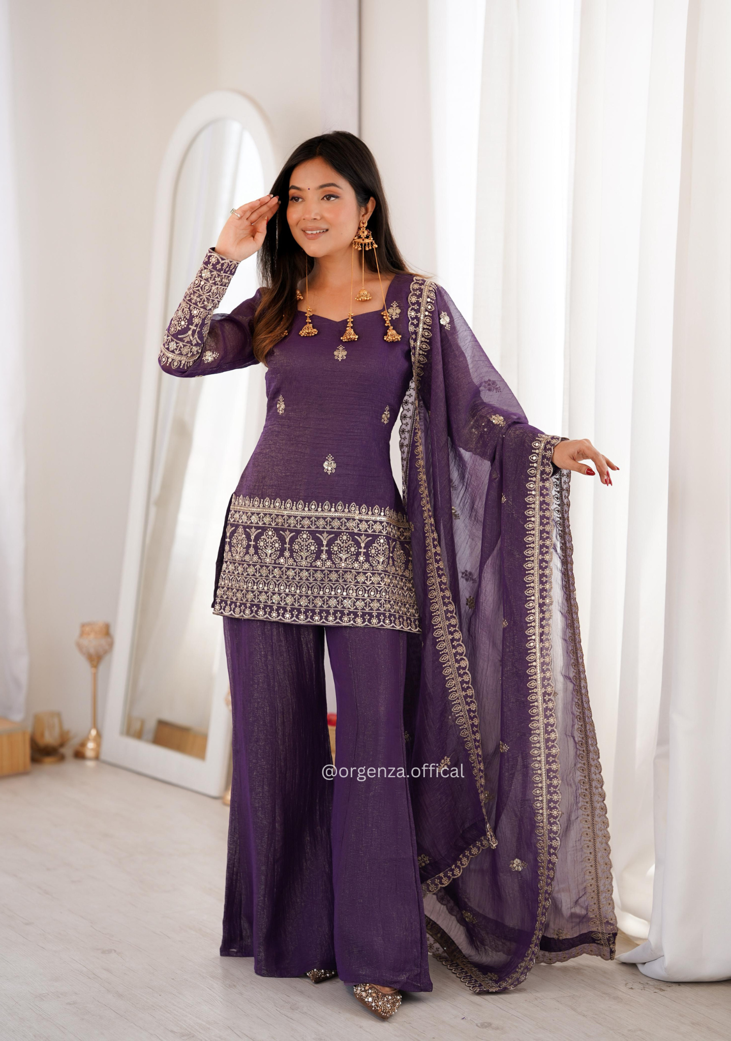 Designer Crunchy Silk Suit Set with Sequins Embroidery & Bell Bottom Pant