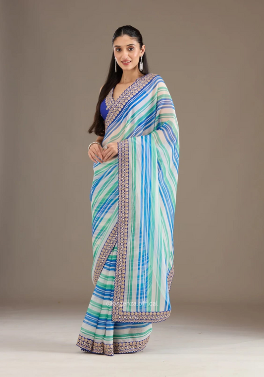 Sky Mutli Colour Chinnon Silk Saree With Embroidery Work