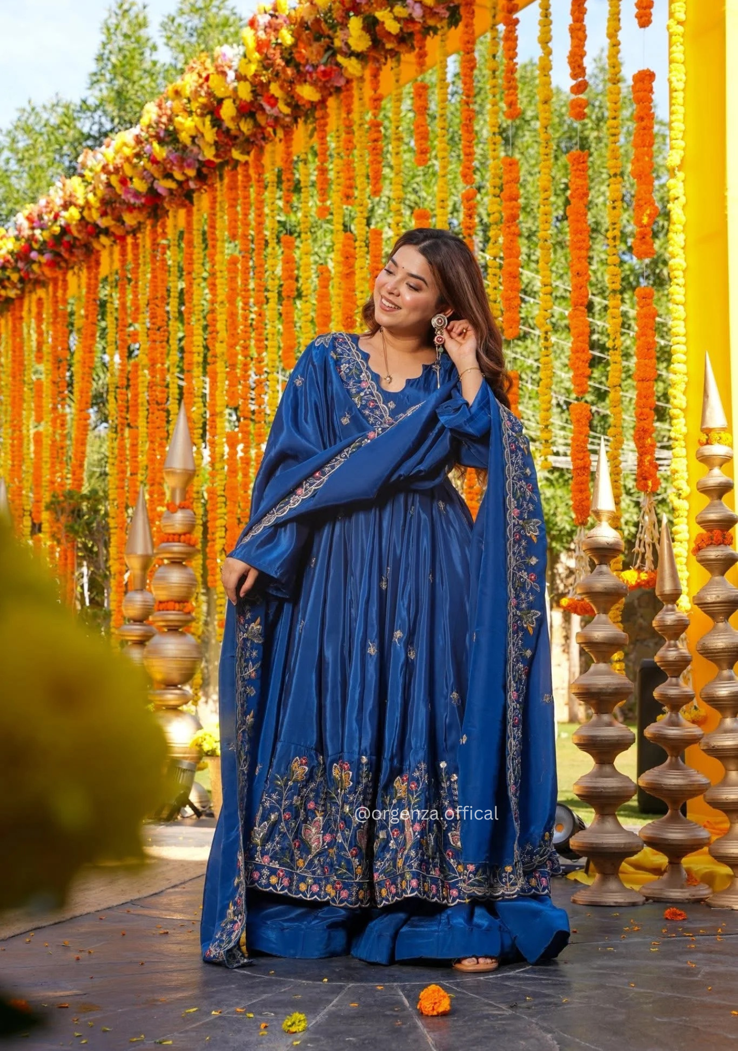 Designer Soft Crunchy Silk Slit Anarkali Suit Set with Embroidery, Plazo & Dupatta