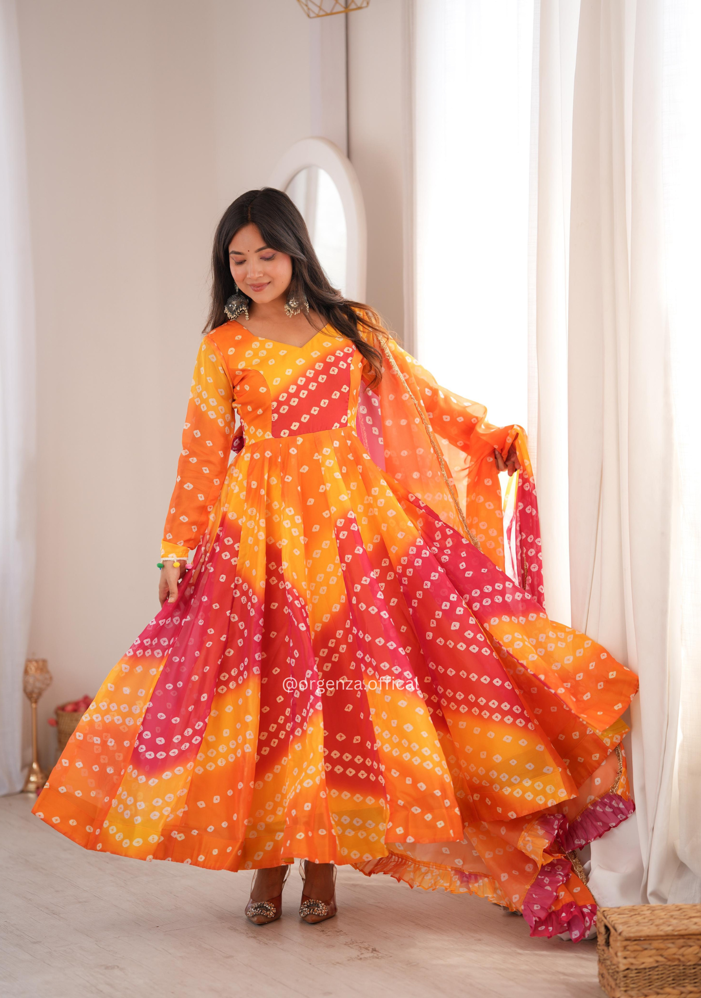 Traditional Bandhani Printed Tebby Organza Gown Set