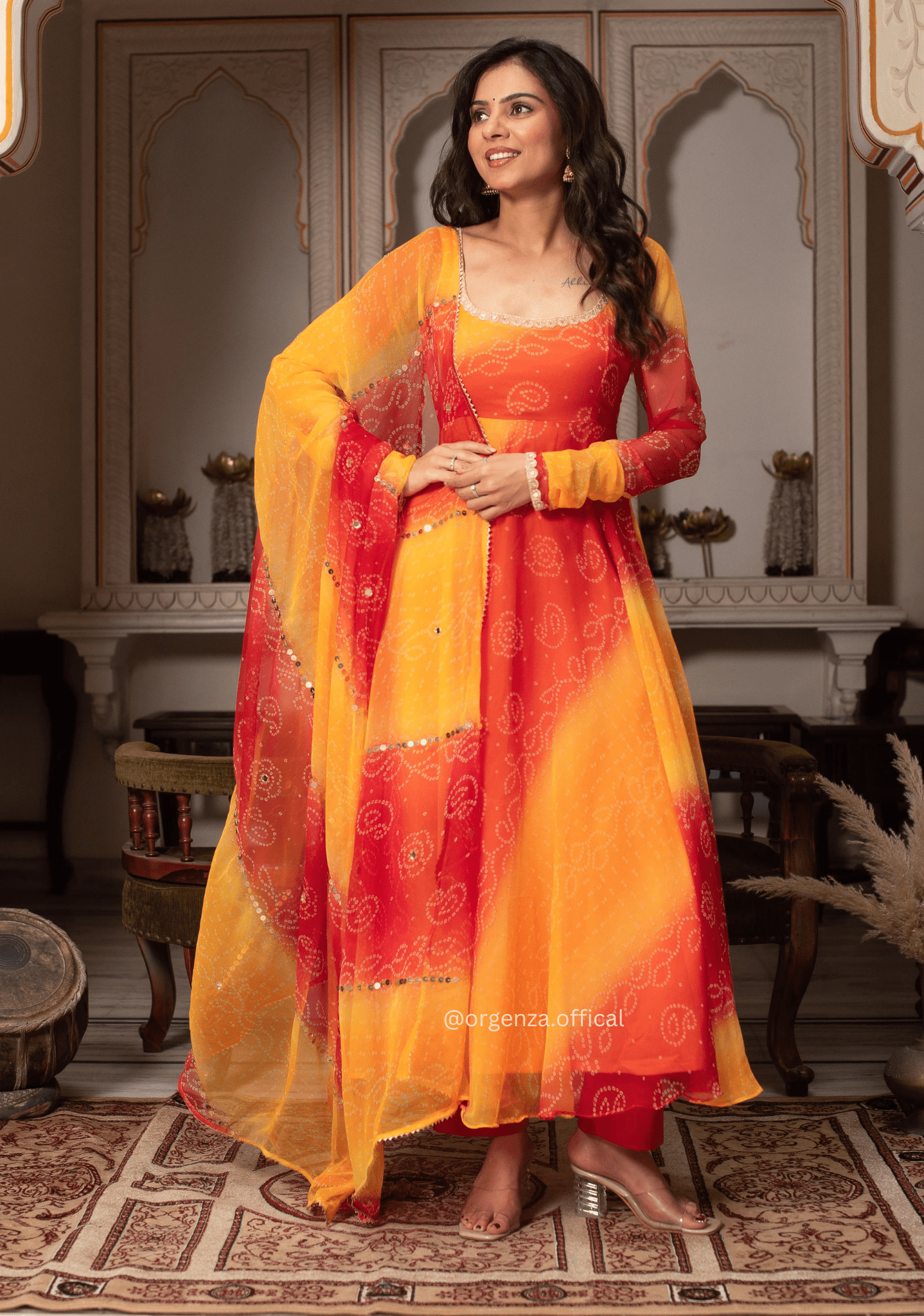 Fox Georgette Chiffon Digital Print Gown Set with Mirror Work Dupatta & Pant