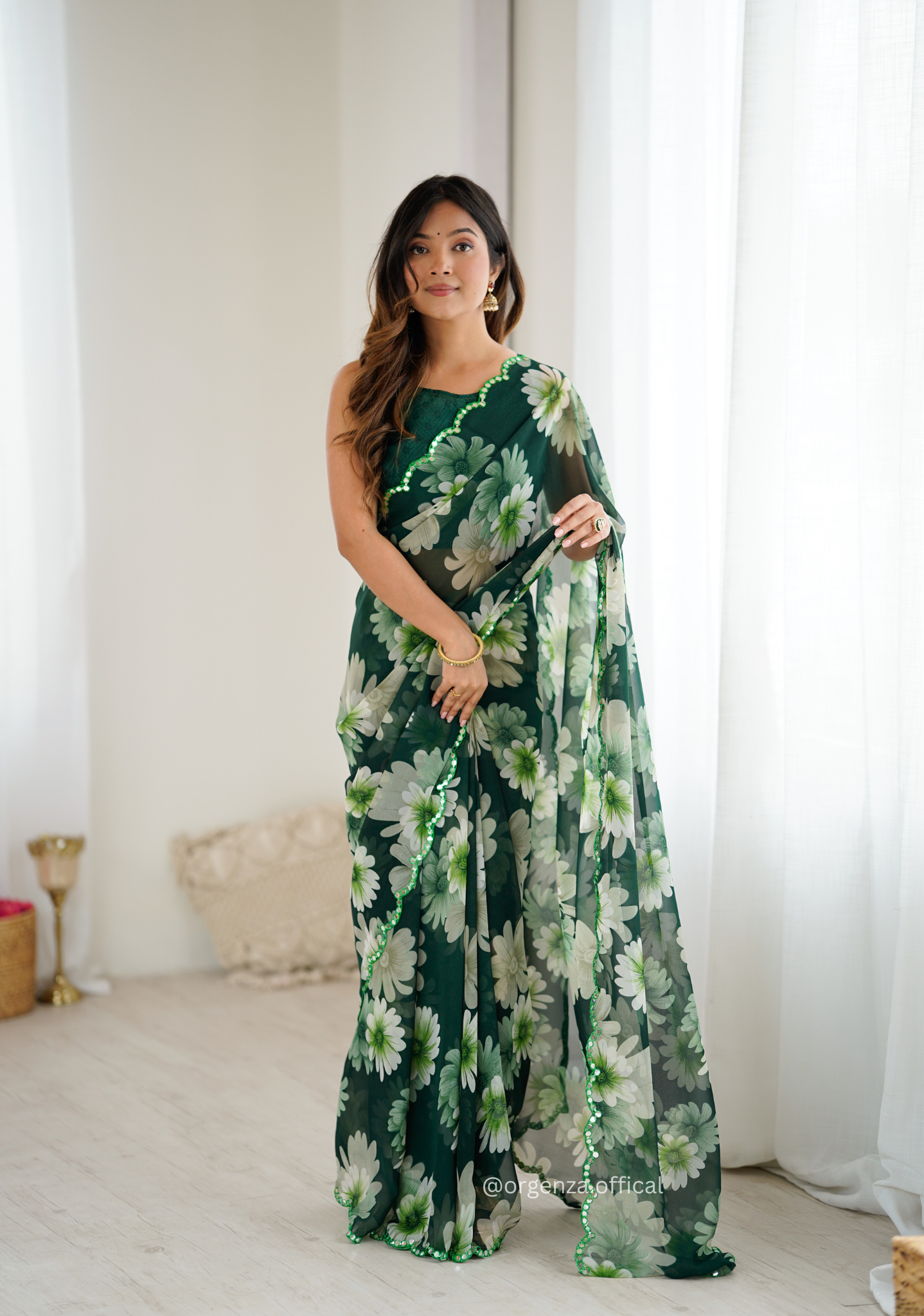 Green Colour Georgette Printed Mirror Saree
