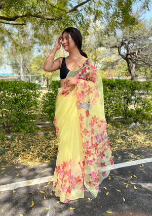 Yellow Digital Print Saree With Handwork - Orgenza Store