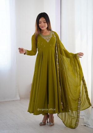 Mehndi Green Georgette Anarkali With Dupatta And Pant - Orgenza Store