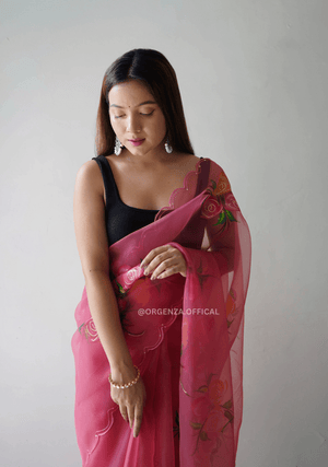 Peach Hand Print Organza Saree - Orgenza Store - digisoch