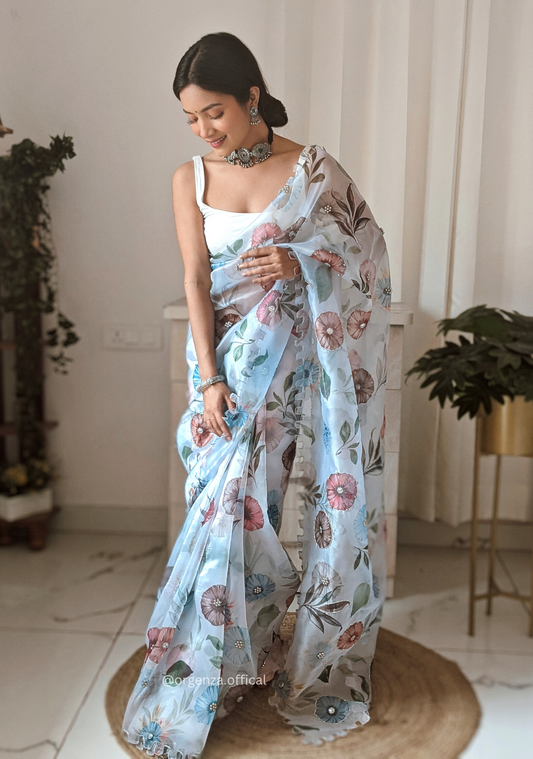 Multi color Heavy Organza Silk Saree Flower Print And Hand