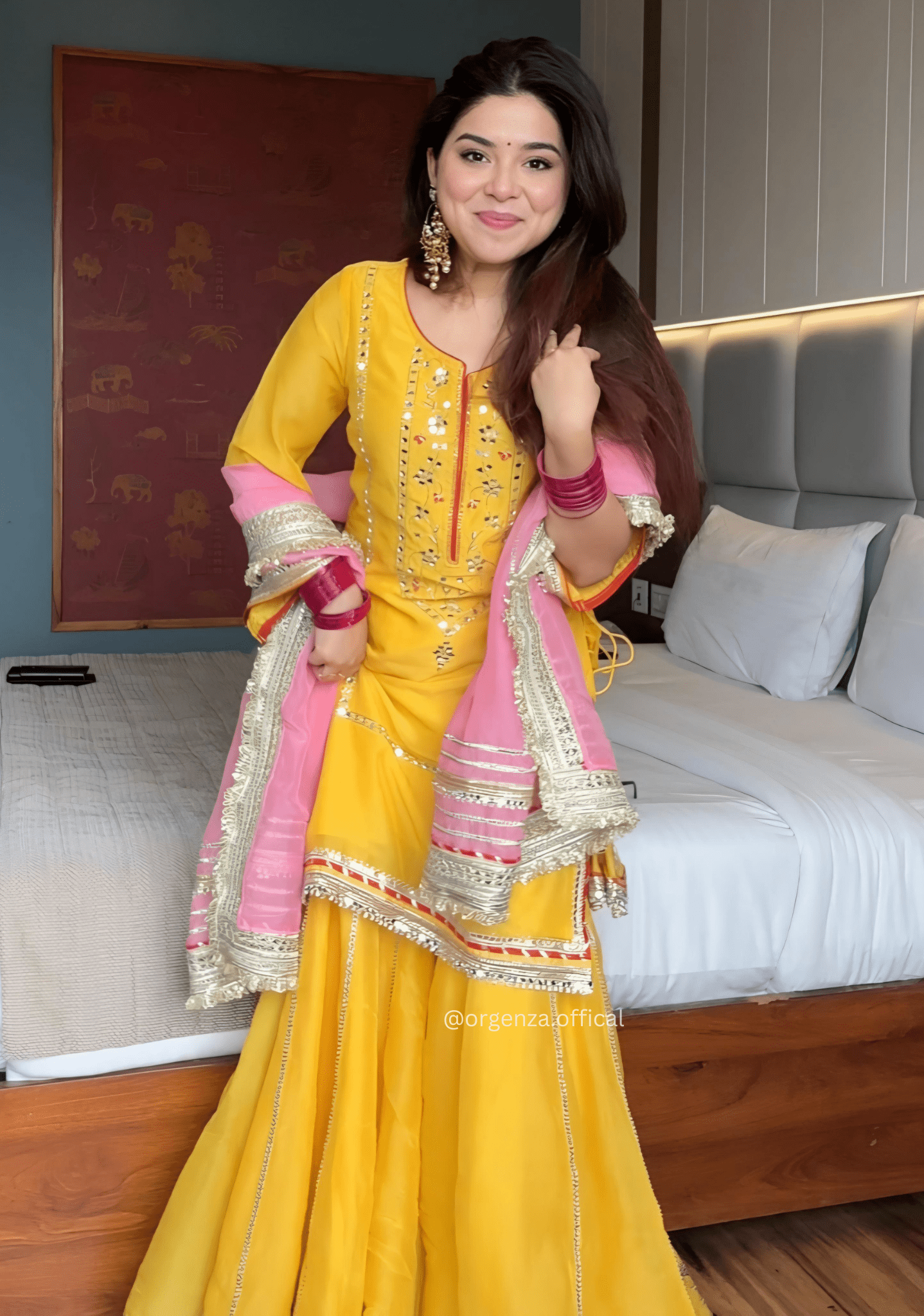 Yellow Chinon Silk Embroidered Sharara Suit Set with Sequins Work (3 PCS) - Orgenza Store - digisoch