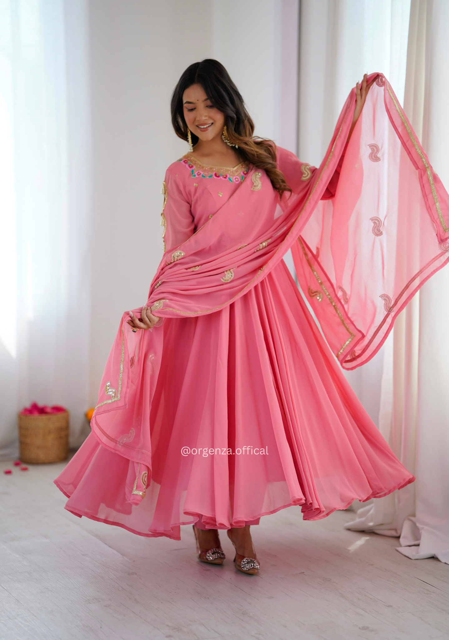 Light Pink Faux Georgette Embroidered Gown Set