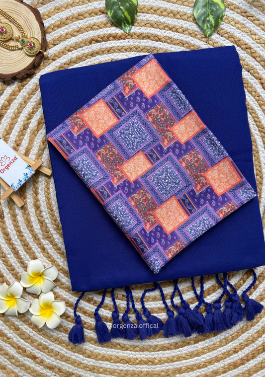 Blue Colour Cotton Saree With Square Design Print Blouse