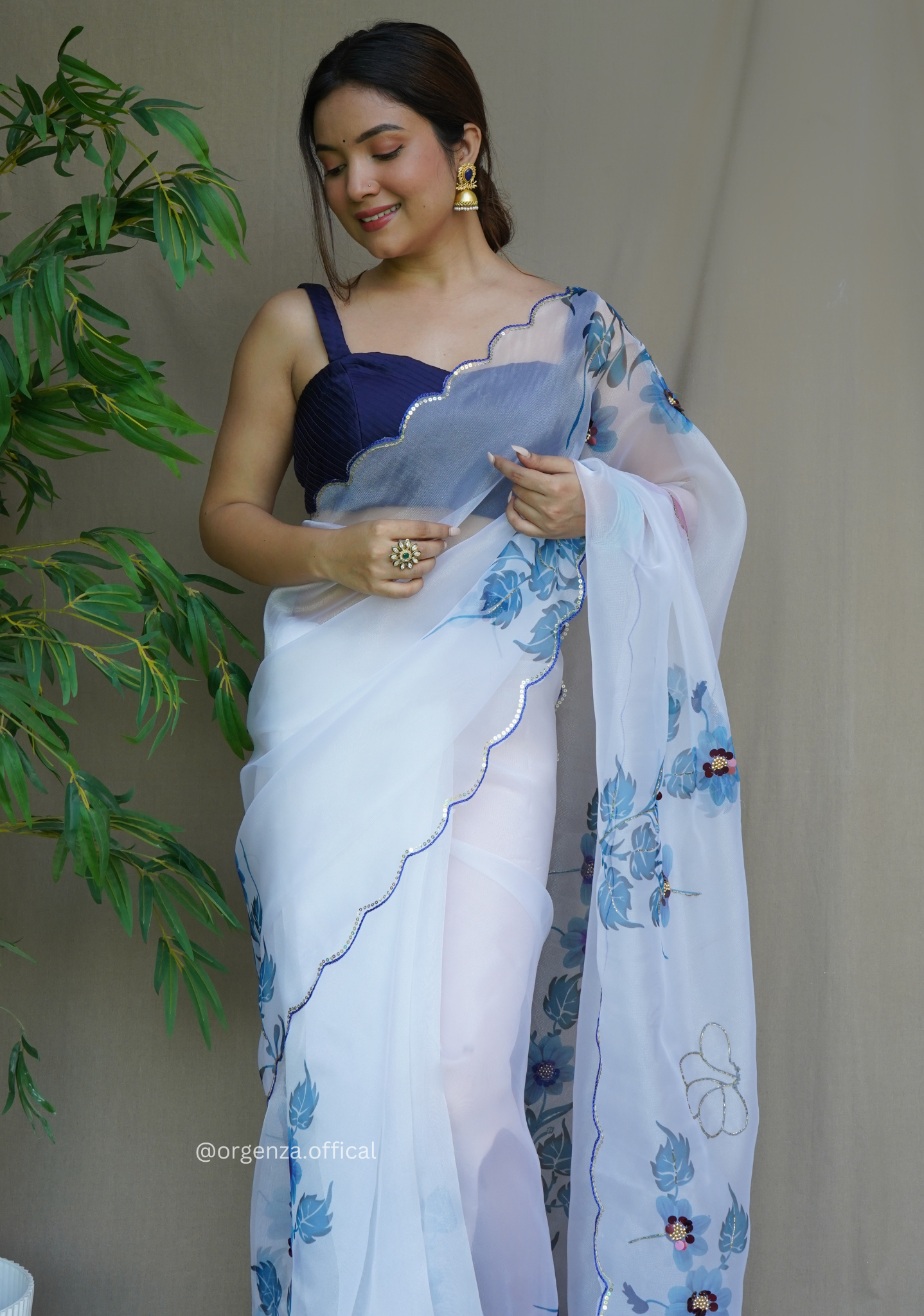 White Colour Organza Saree With Handwork