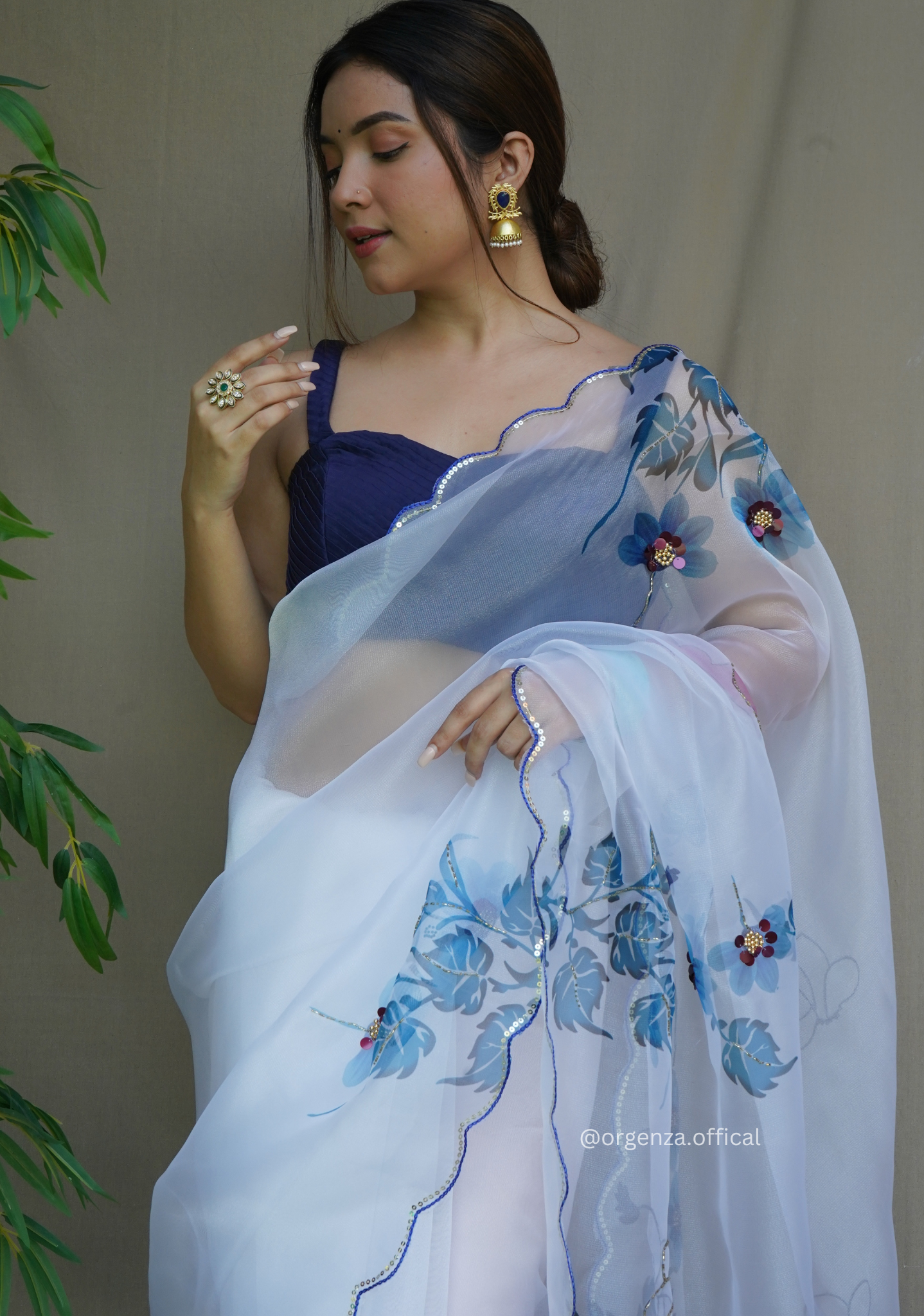 White Colour Organza Saree With Handwork