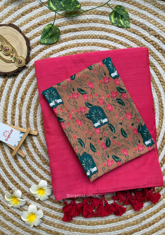 Pink Colour Cotton Saree With Cow Print Blouse
