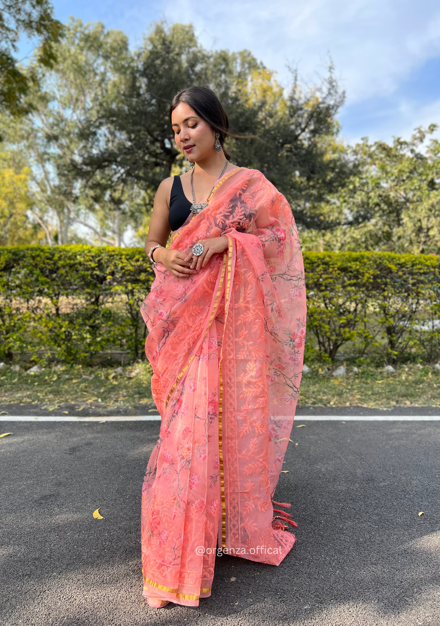 Peach Colour Organza Silk Saree With Thread Work - Orgenza Store