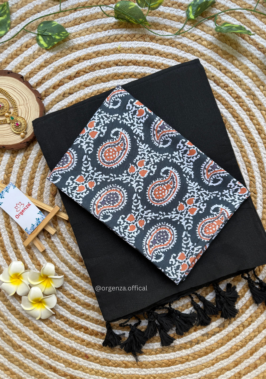 Black Colour Cotton Saree With Mango Print Blouse